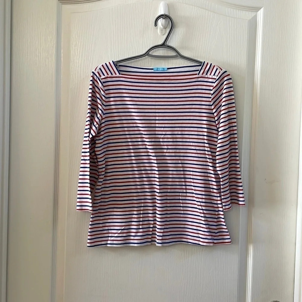 J. MCLAUGHLIN Red White Blue Stripe 3/4 Sleeve Nautical Tee Shirt Top size S